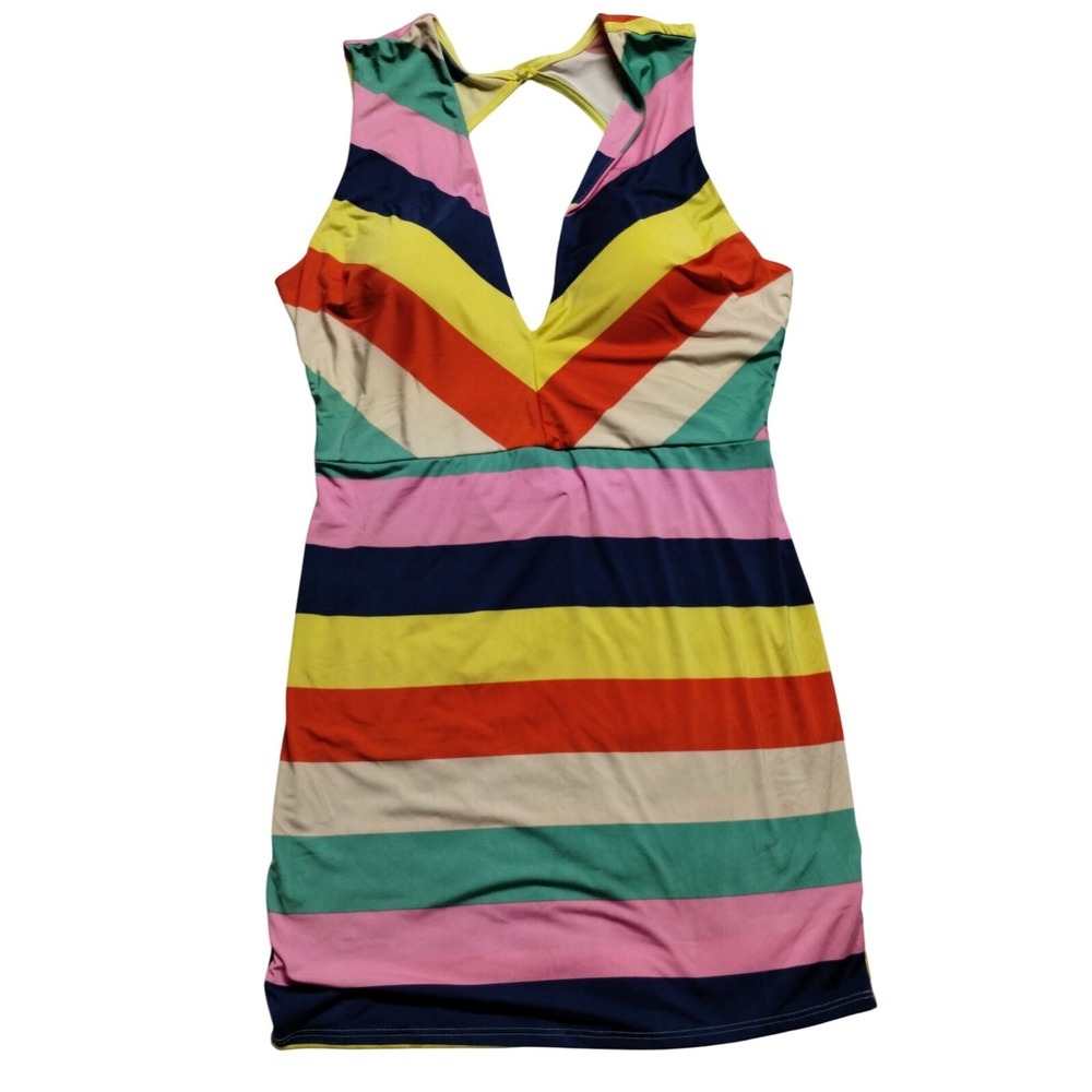 Daylight Mini Dress - Bold Striped Sleeveless V-Neck Open‎ Back Party Dress - 2X
